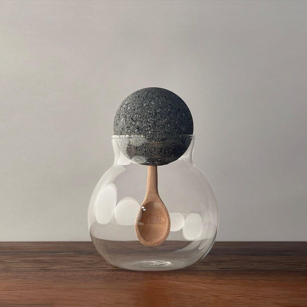 Spherical Glass Jar with Lava Stone Ball Lid and Inset Hand Carved Wood Spoon